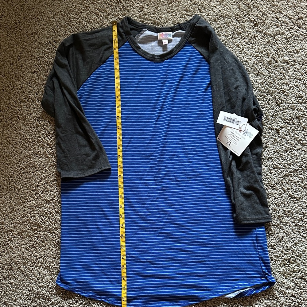 LuLaRoe women’s Blue and dark gray striped 3/4 sleeve Randy shirt